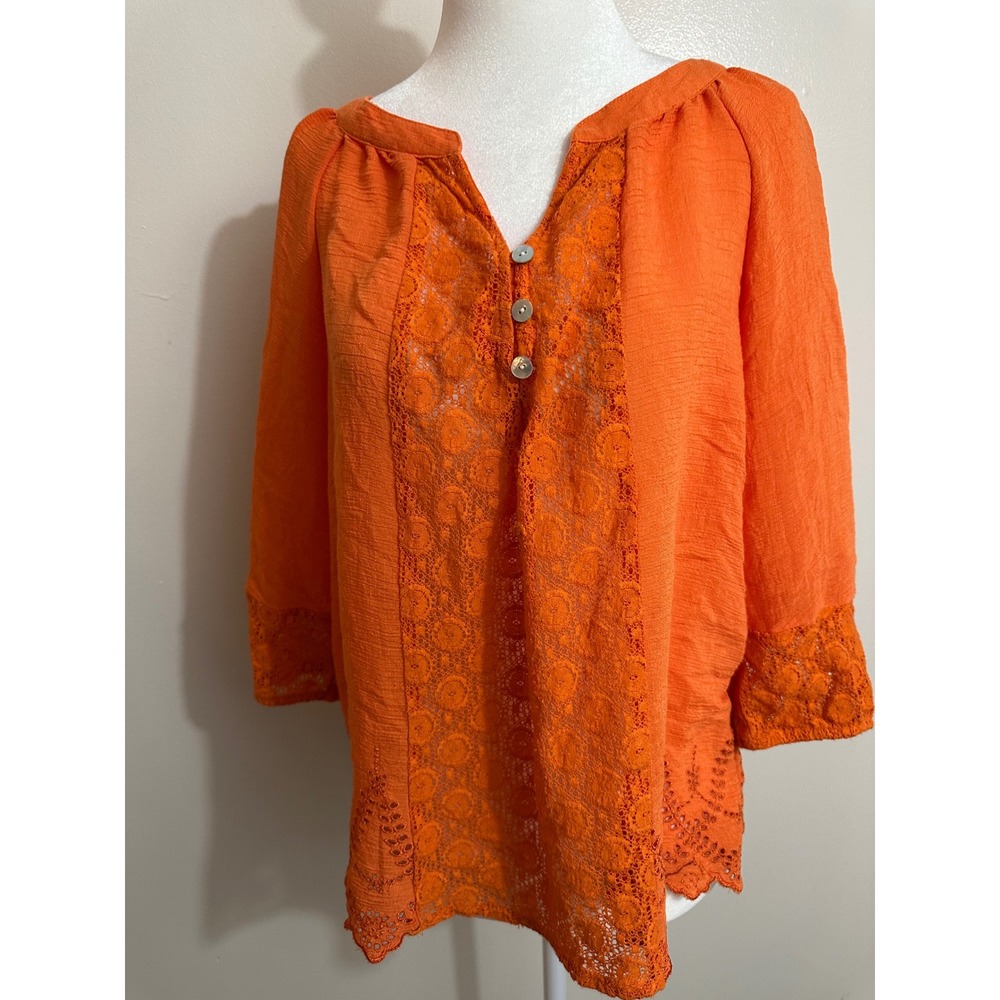 Fig and Flower Orange Lace Crochet Trim Henley Blouse Size PL Boho 3/4 Sleeve